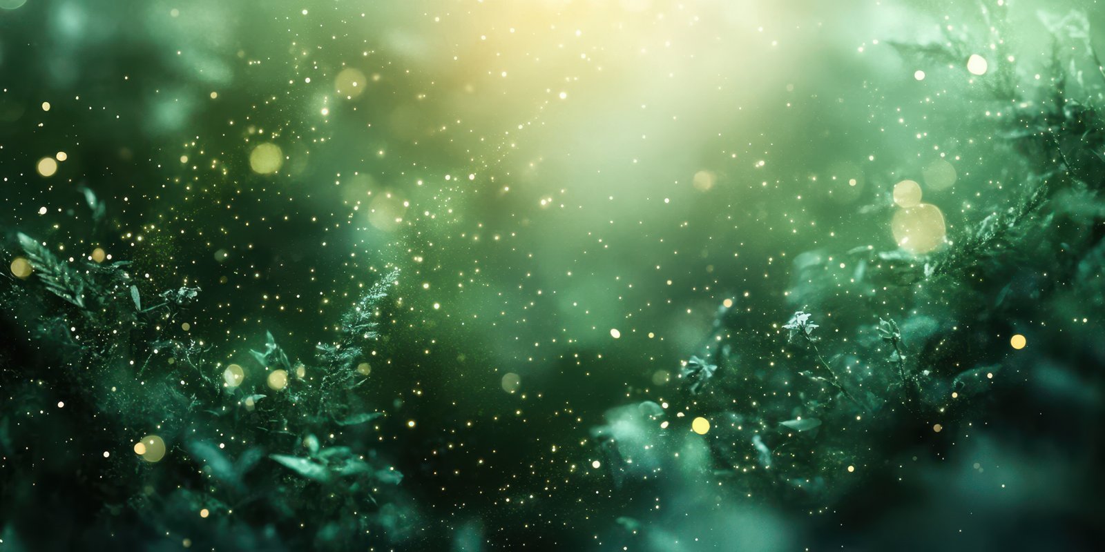 Enchanting green lights create a magical atmosphere in a tranquil natural setting
